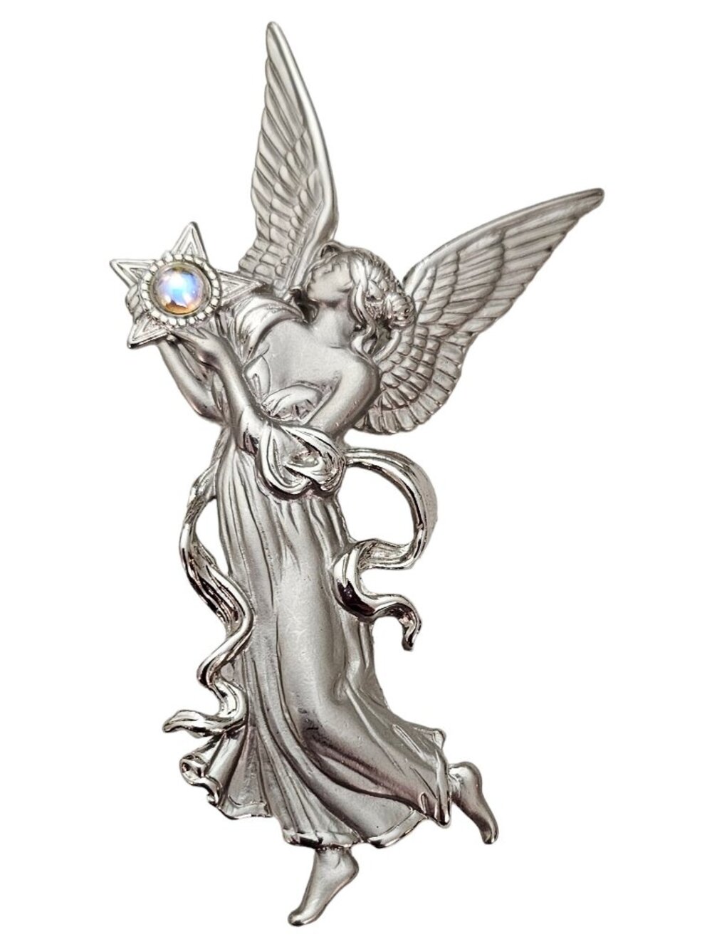 JJ Jonette Pewter Style Angel Fairy Holding Star AB Iridescent Cab Brooch, L377